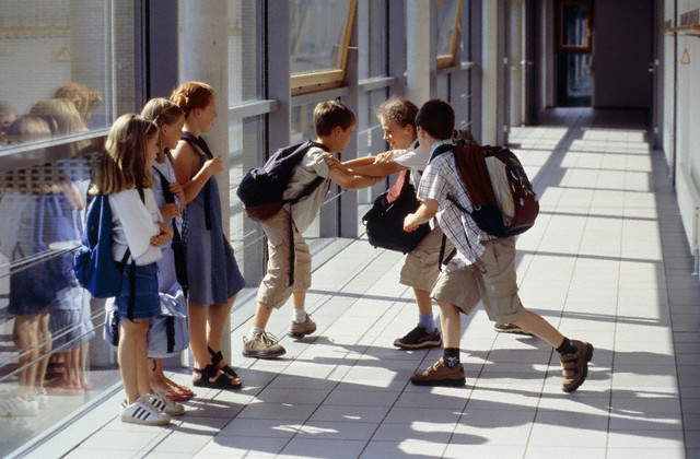 Girls looking at group of pupils fighting in school